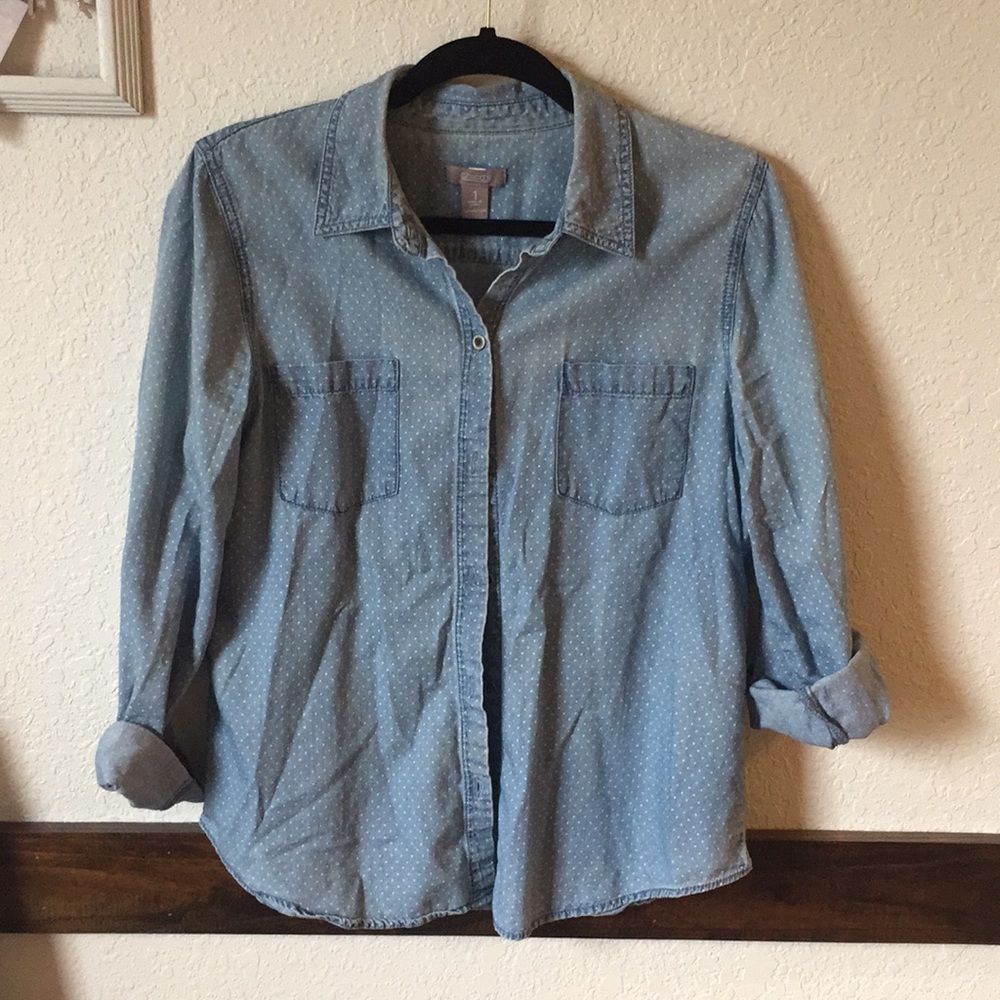 Chico’s Lightwash Denim Polka-Dot Button Down